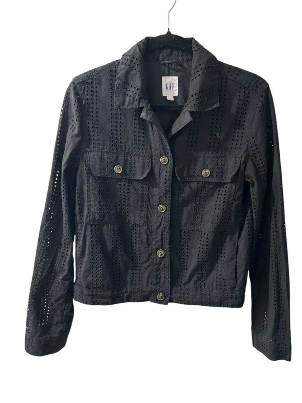 GAP Black Eyelet Cropped Lightweight Button-Up Shirt Jacket - Picture 2 of 5